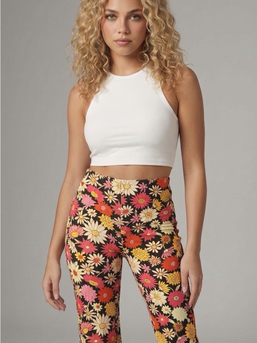 No Boundaries Floral Wide-Leg Pants in Black, Pink & Yellow - Picture 3 of 3